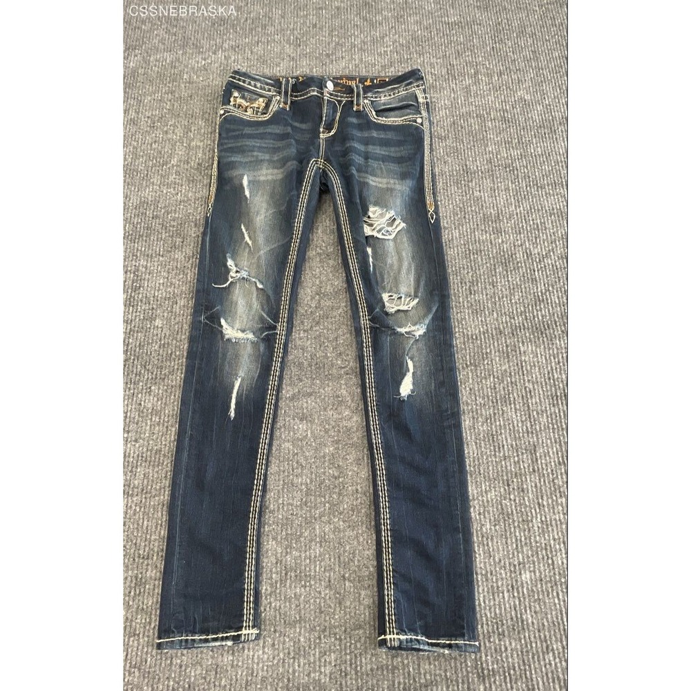 Rock Revival Men's Boris Distressed Skinny Jeans Blue Thick Stitch Sz 26